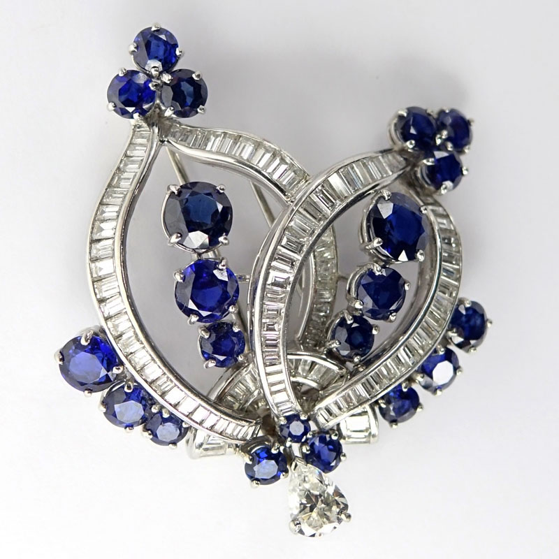 Fine Estate Tiffany & Co. Platinum, Sapphire and Diamond Brooch. 