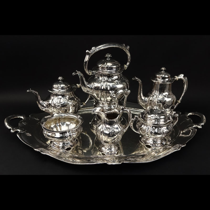 Important Gorham Martele .9584 Silver Tea and Coffee Service With Tray Circa 1910. Retailed by Spaulding & Co., Chicago. 