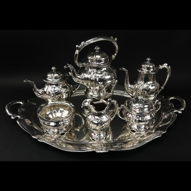 Important Gorham Martele .9584 Silver Tea and Coffee Service With Tray Circa 1910. Retailed by Spaulding & Co., Chicago. 