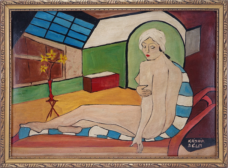 Attributed to: Bela Kadar, Hungarian  (1877-1956) Oil on cardboard "Nude In Room" Signed lower right. 