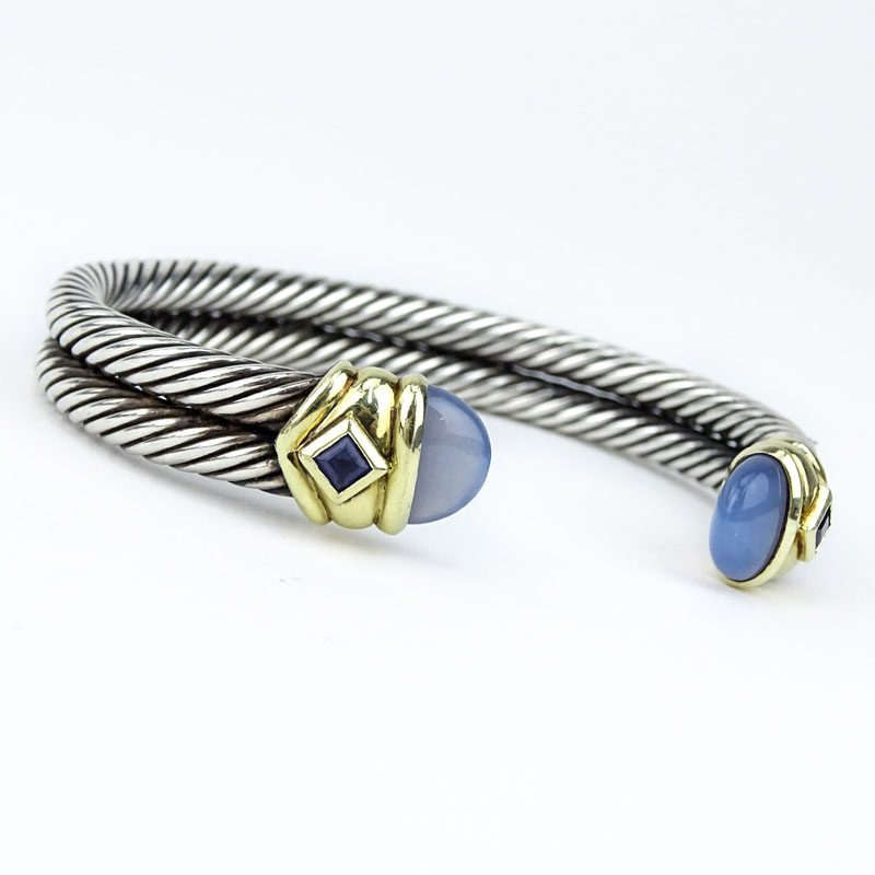 Vintage David Yurman Chalcedony, Sterling Silver and 14 Karat Yellow Gold Cable Cuff Bangle. 