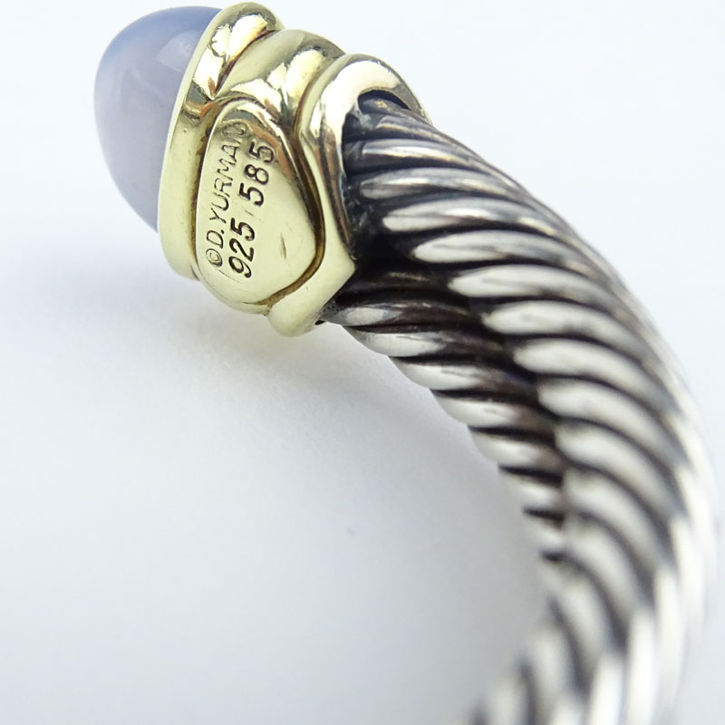 Vintage David Yurman Chalcedony, Sterling Silver and 14 Karat Yellow Gold Cable Cuff Bangle. 
