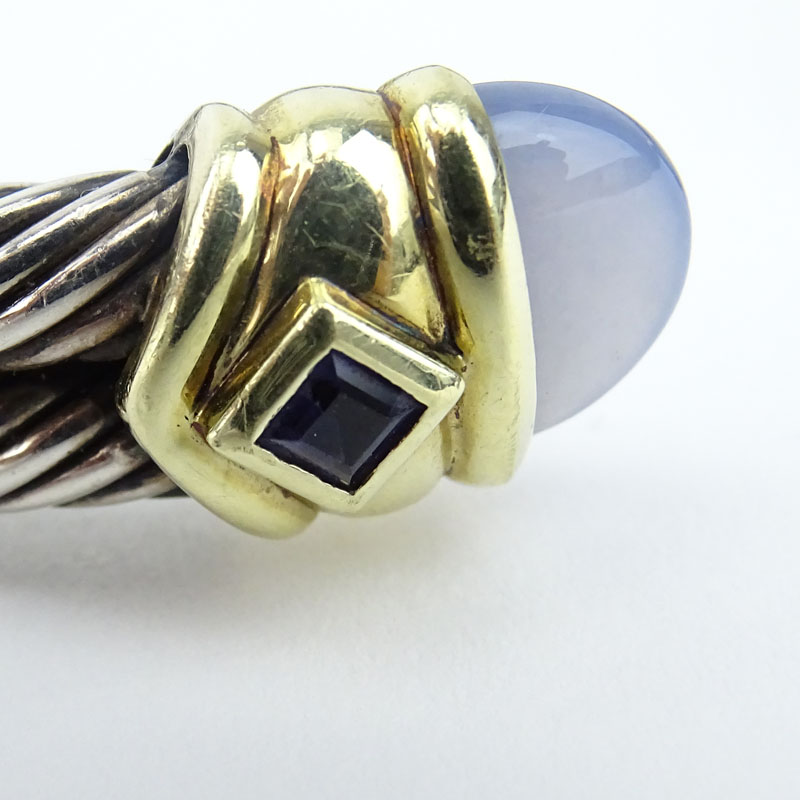 Vintage David Yurman Chalcedony, Sterling Silver and 14 Karat Yellow Gold Cable Cuff Bangle. 