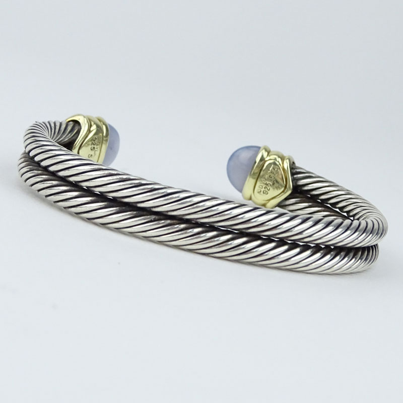 Vintage David Yurman Chalcedony, Sterling Silver and 14 Karat Yellow Gold Cable Cuff Bangle. 