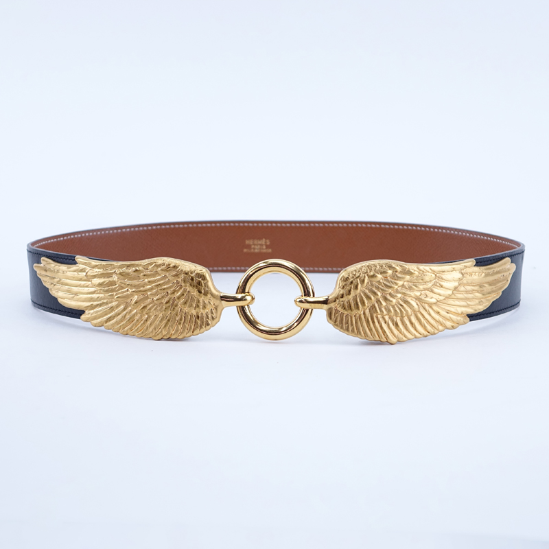 Vintage Hermes Black Leather "Wings" Belt. Gold-tone hardware.