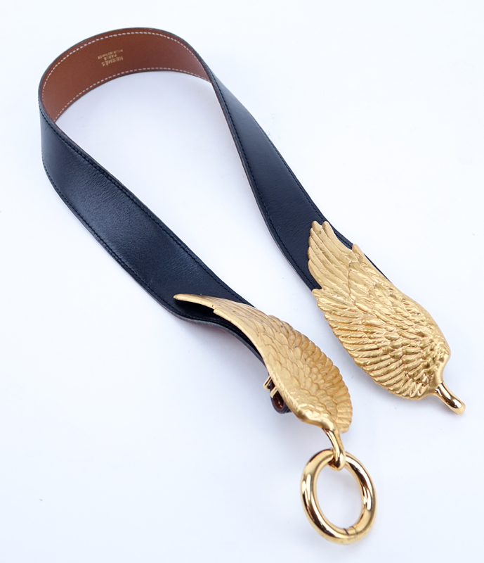 Vintage Hermes Black Leather "Wings" Belt. Gold-tone hardware.