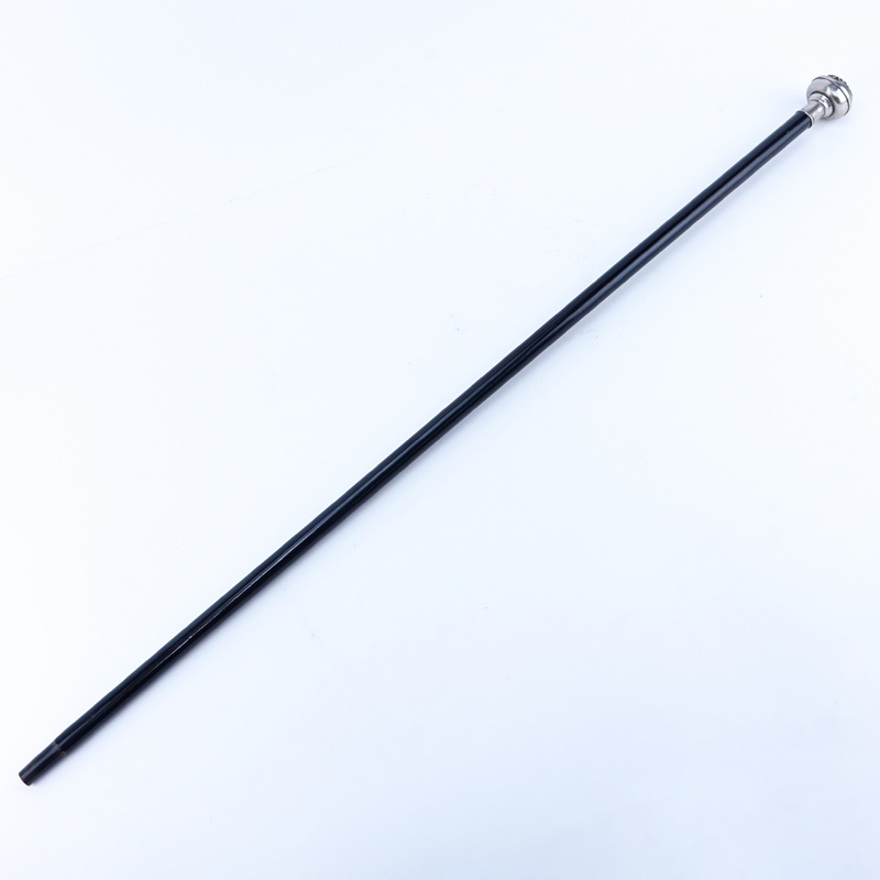 Antique Sea Shell Top French Silver Walking Stick. Hallmarks. Some bending to top, dents, minor scuffs to wood or else good condition. 