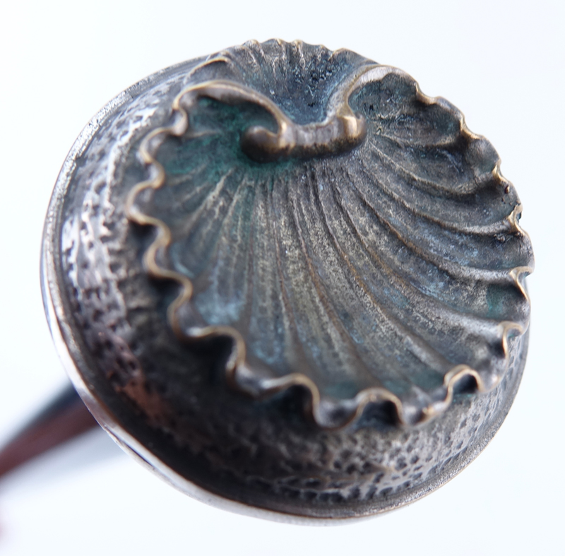 Antique Sea Shell Top French Silver Walking Stick. Hallmarks. Some bending to top, dents, minor scuffs to wood or else good condition. 