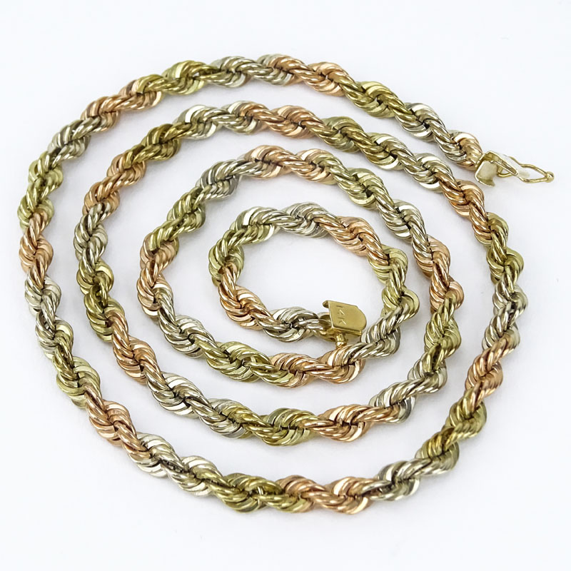 Vintage 14 Karat Tri-color Gold Rope Chain Necklace.