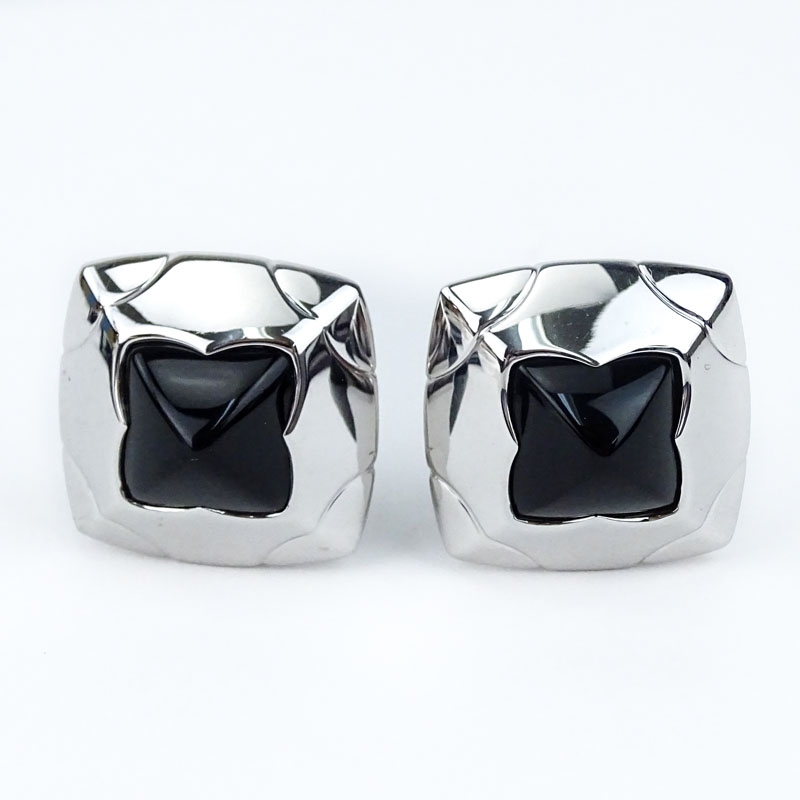 Bulgari 18 Karat White Gold and Black Onyx Flower Clip Back Earrings.