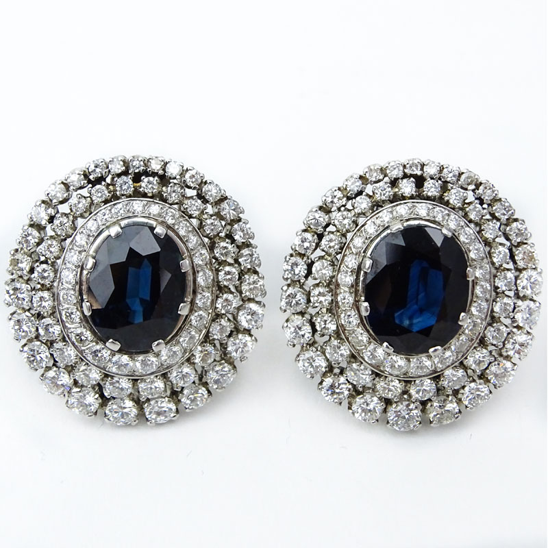 Approx. 12.0 Carat Oval Cut Sapphire, 7.50 Carat Round Brilliant Cut Diamond and Platinum Earrings. 