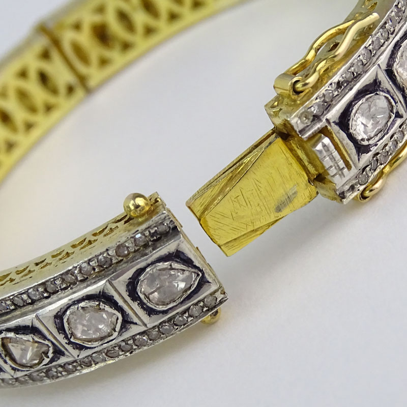 Rose Cut Diamond, 18 Karat Yellow Gold and Silver Bangle Bracelet. 