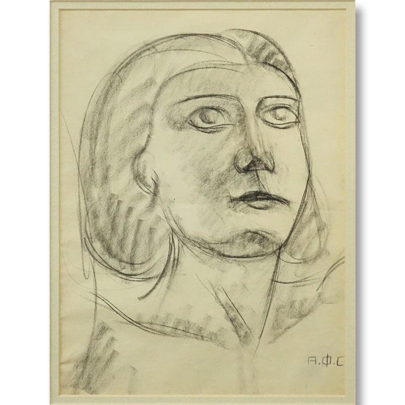 Russian School Charcoal On Paper "Portrait Of A Woman" Bears initials in Cyrillic lower right. 