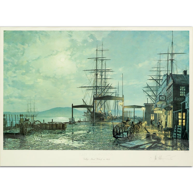 John Stobart, American (b. 1929) Color Lithograph "San Francisco, Vaiiejo Street Wharf in 1863" 