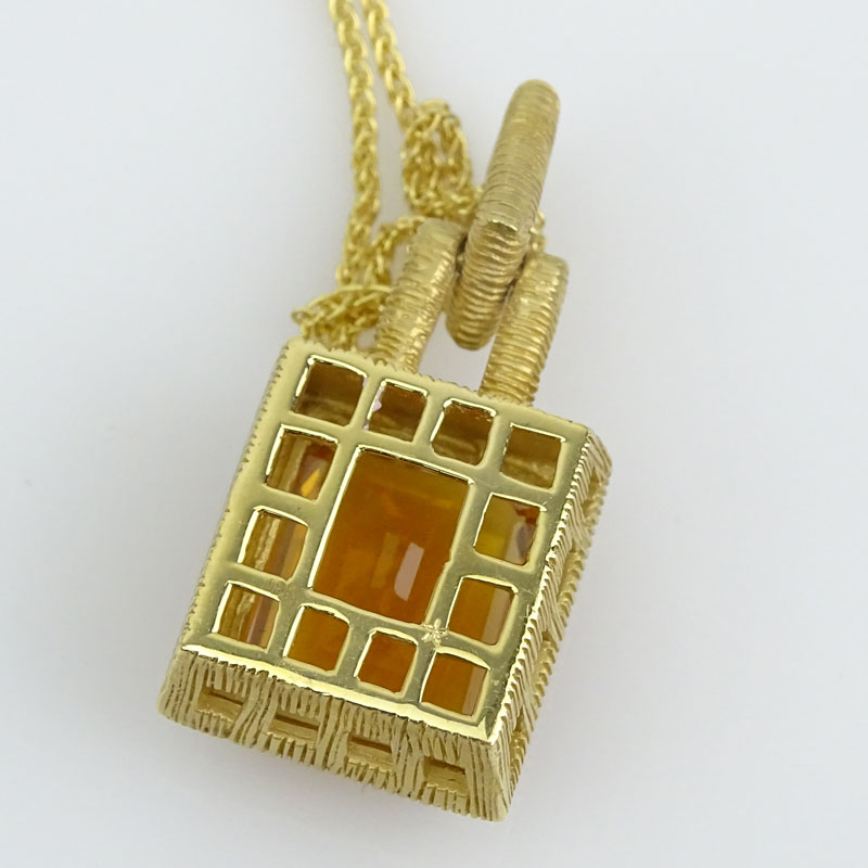 Large Gem Quality Citrine and 18 Karat Yellow Gold Pendant Necklace with Small Diamond Accents.