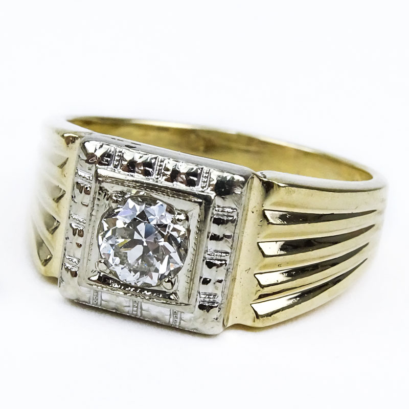 Man's Vintage Approx. .65 Carat Old European Cut Diamond and 14 Karat Yellow Gold Ring.