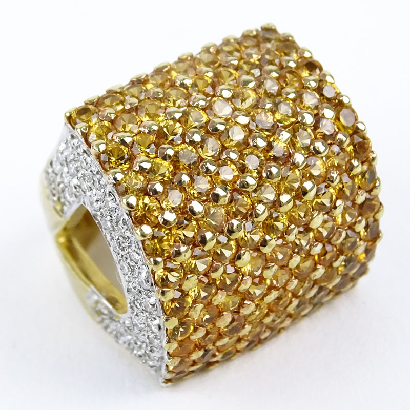 Pave Set Citrine, Diamond and 14 Karat Yellow Gold Ring. 