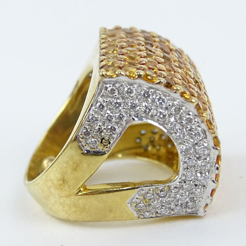 Pave Set Citrine, Diamond and 14 Karat Yellow Gold Ring. 