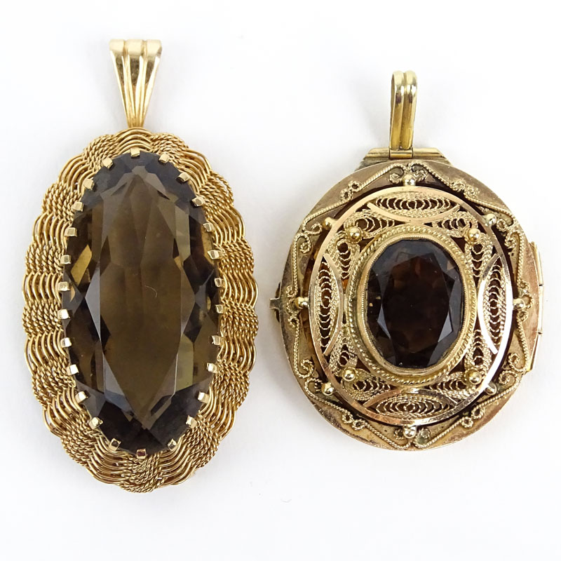 Two (2) Vintage Oval Cut Smokey Quartz and 14 Karat Yellow Gold Filigree Pendants