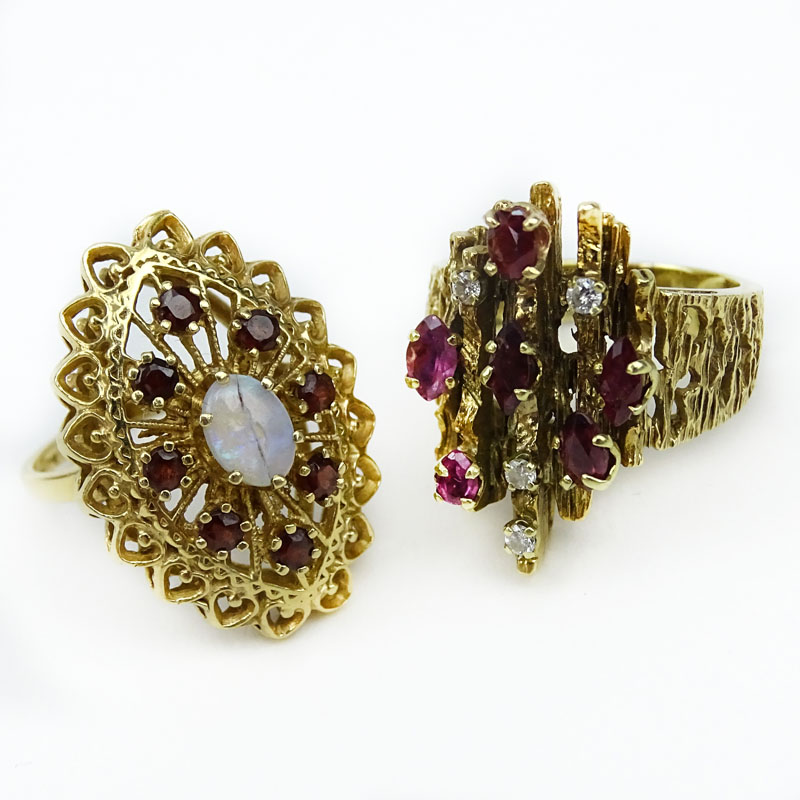 Vintage Six (6) Oval Cut Ruby, Diamond and 14 Karat Yellow Gold Cluster Ring together with Vintage Ruby, Opal and 14 Karat Yellow Gold Cluster Ring. 