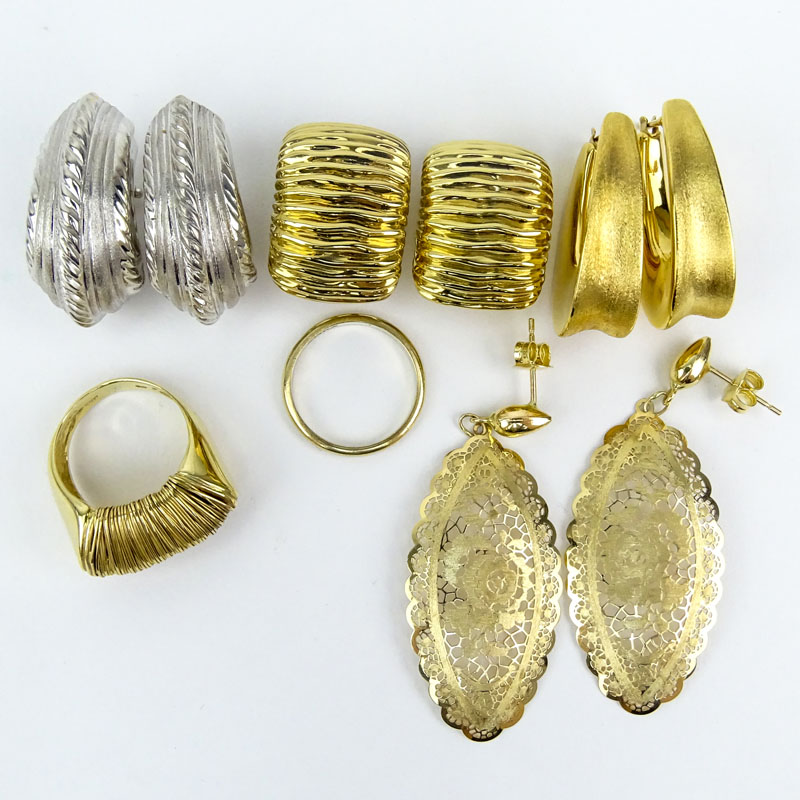 Collection of Three (3) Pair Italian 18 Karat Gold Earrings, One (1) Pair Italian 14 Karat Openwork Yellow Gold Earrings and Two (2) 14 Karat Yellow Gold Rings. 