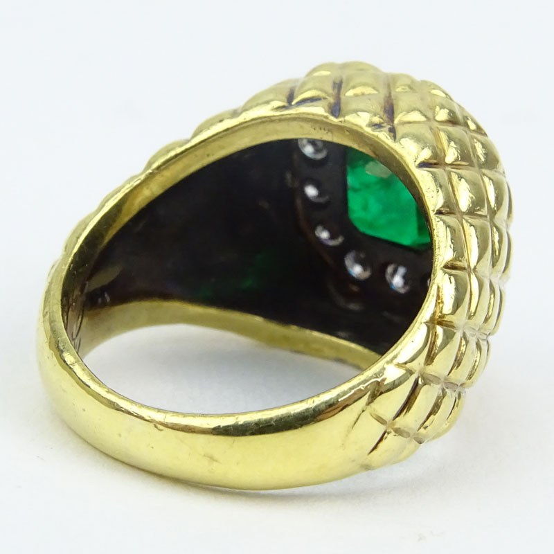 Vintage Emerald, Approx. 1.75 Carat Round Brilliant Cut Diamond and 18 Karat Yellow Gold Ring. 