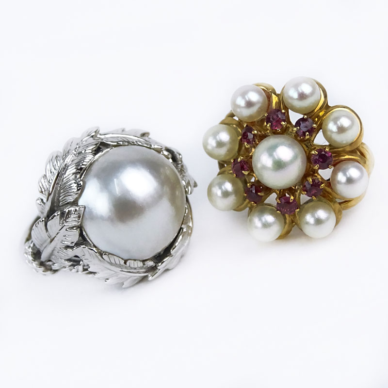 Vintage 14 Karat White Gold and Mabe Pearl Ring together with Vintage 14 Karat Yellow Gold, Pearl and Ruby Ring. 