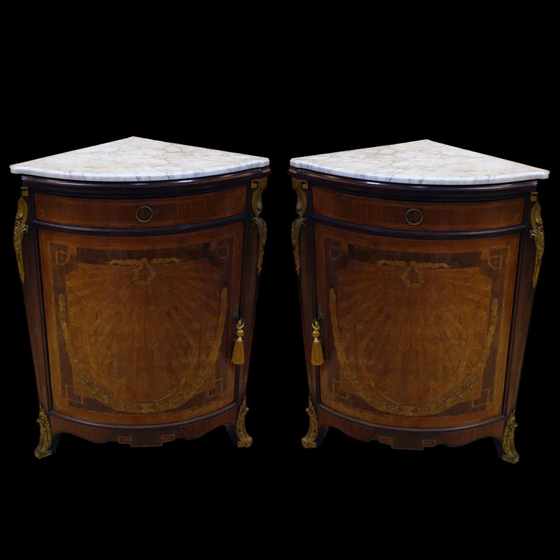 Pair of Gilt Bronze Mounted Mahogany and Inlaid Marquetry Inlaid Encoignures (corner cabinets) with Carrara Marble Top.