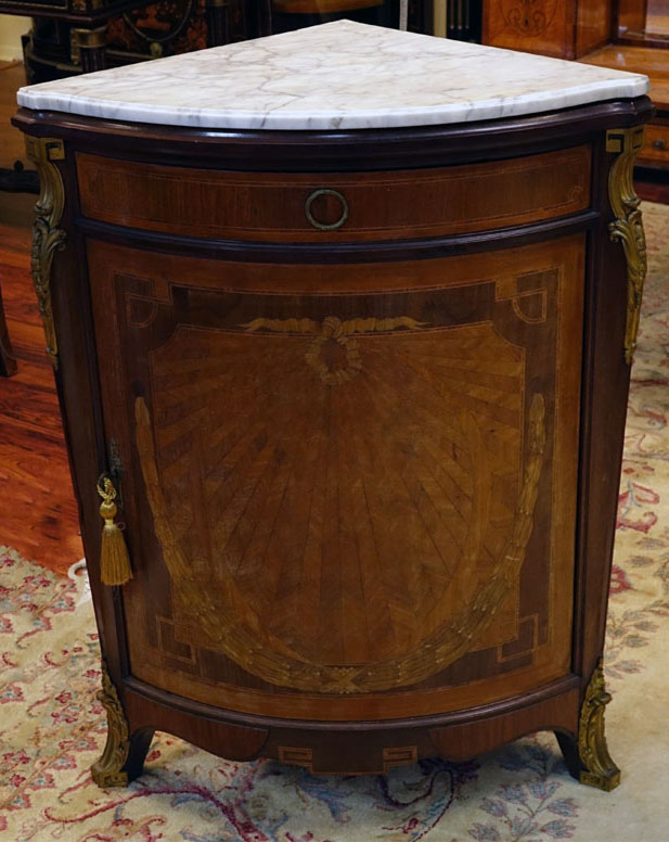 Pair of Gilt Bronze Mounted Mahogany and Inlaid Marquetry Inlaid Encoignures (corner cabinets) with Carrara Marble Top.