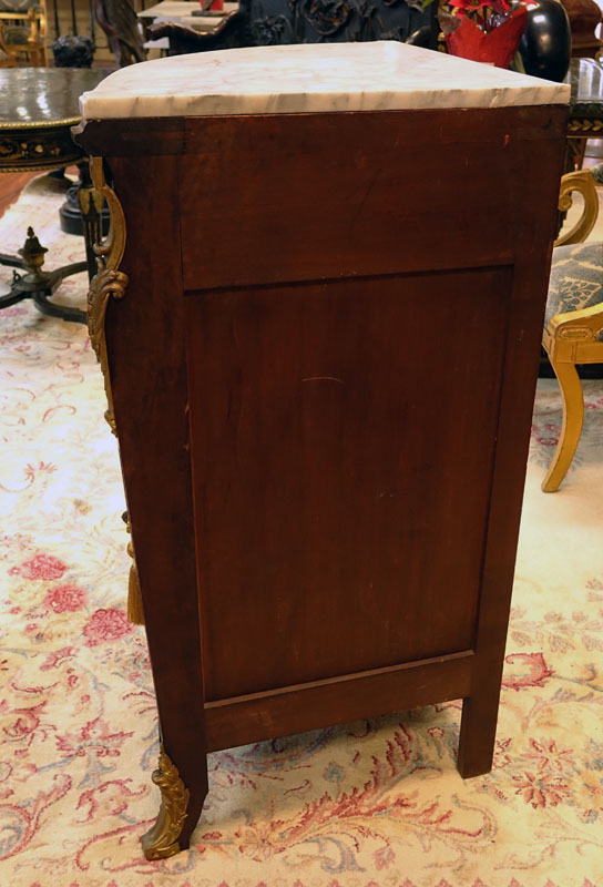 Pair of Gilt Bronze Mounted Mahogany and Inlaid Marquetry Inlaid Encoignures (corner cabinets) with Carrara Marble Top.