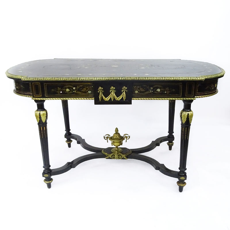 American Renaissance Gilt Bronze Mounted Mother of Pearl and Ebonized Library Table.