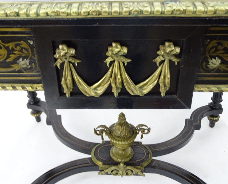 American Renaissance Gilt Bronze Mounted Mother of Pearl and Ebonized Library Table.