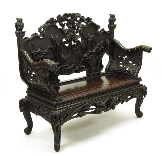 Japanese Export Hardwood Bench with Richly Carved Bamboo, Iris, Water Lily and Peony Motif and Owl Finials. 