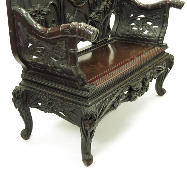 Japanese Export Hardwood Bench with Richly Carved Bamboo, Iris, Water Lily and Peony Motif and Owl Finials. 