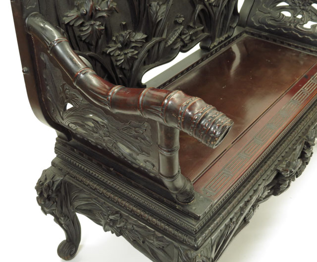 Japanese Export Hardwood Bench with Richly Carved Bamboo, Iris, Water Lily and Peony Motif and Owl Finials. 