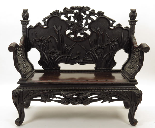 Japanese Export Hardwood Bench with Richly Carved Bamboo, Iris, Water Lily and Peony Motif and Owl Finials. 