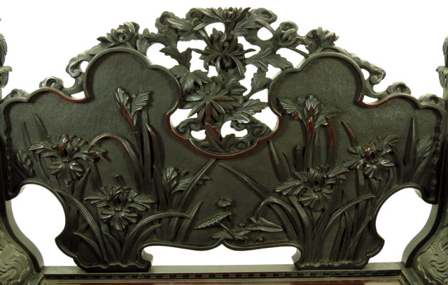 Japanese Export Hardwood Bench with Richly Carved Bamboo, Iris, Water Lily and Peony Motif and Owl Finials. 