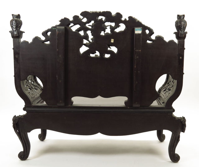 Japanese Export Hardwood Bench with Richly Carved Bamboo, Iris, Water Lily and Peony Motif and Owl Finials. 