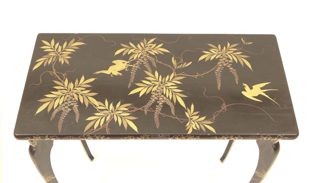 Japanese Gilt Black Lacquer Console Table together with Matching Two Part Wall Bracket.