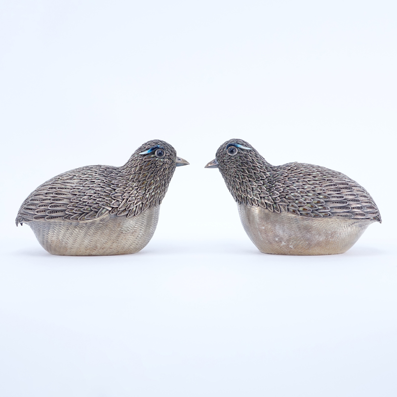 Pair of Chinese Silver Bird Trinket or Betel Nut Boxes.