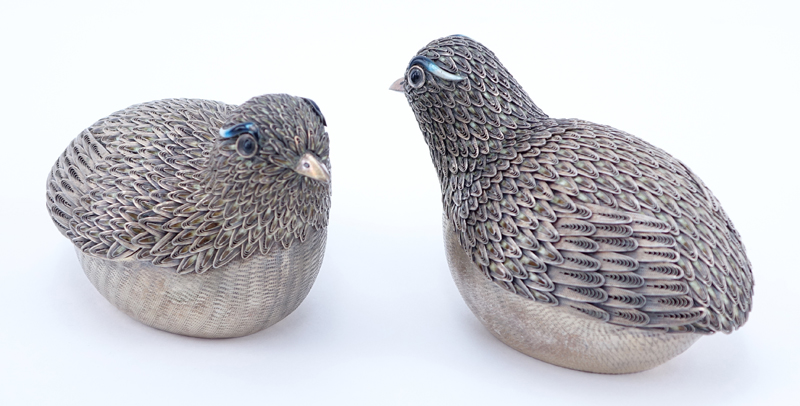 Pair of Chinese Silver Bird Trinket or Betel Nut Boxes.