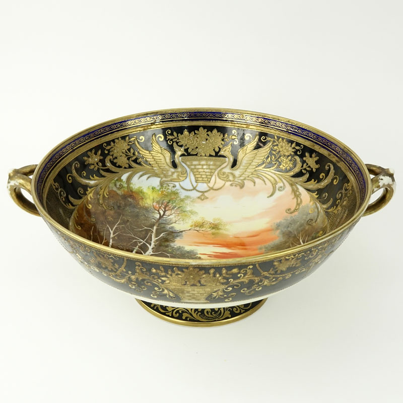 Large Gilt Hand Painted Porcelain Footed Centerpiece Bowl.