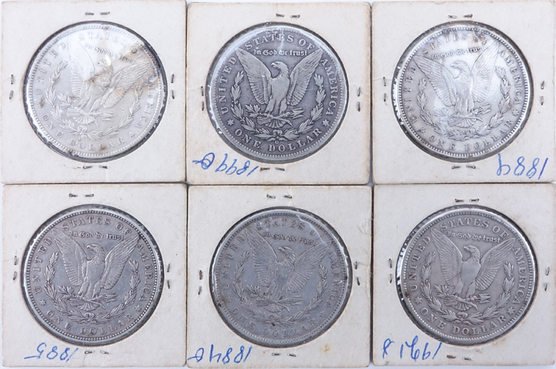 Collection of Six (6) Morgan Silver Dollars. Dates ranging from 1884-1921.