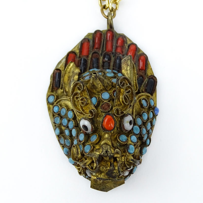 Vintage Chinese Gilt Metal and Enamel Dragon Pendant on Gold Filled Chain.