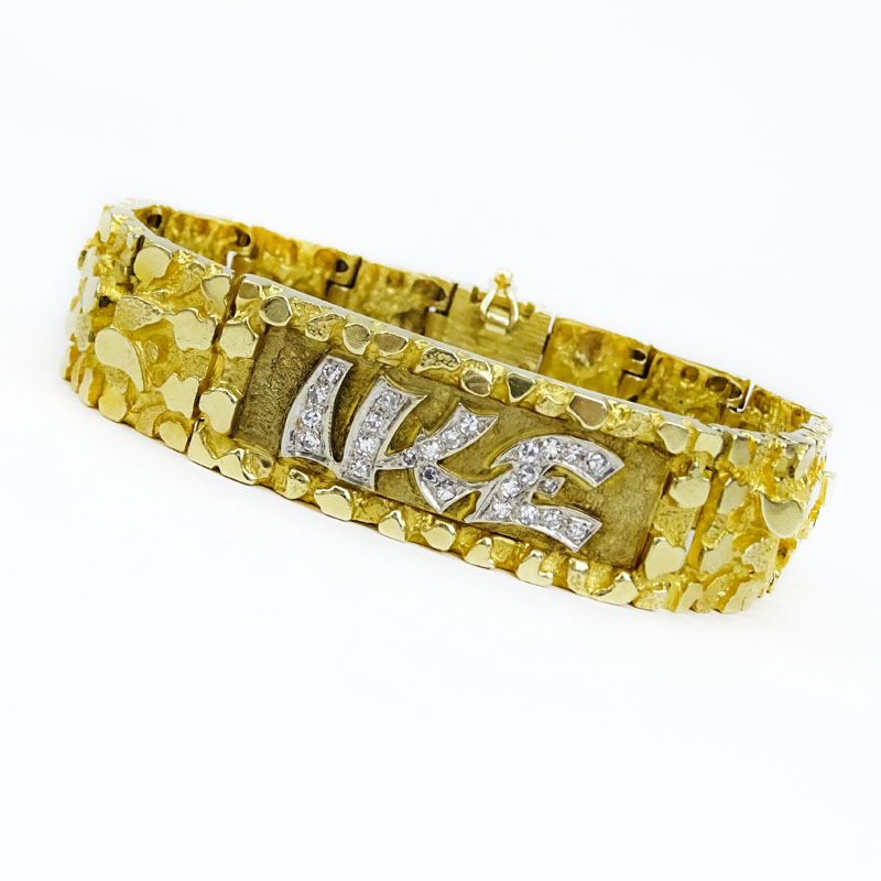 Vintage Diamond and Heavy 14 Karat Yellow Gold Nugget style ID Bracelet "IKE". 