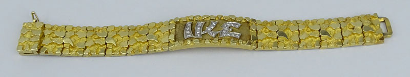 Vintage Diamond and Heavy 14 Karat Yellow Gold Nugget style ID Bracelet "IKE". 