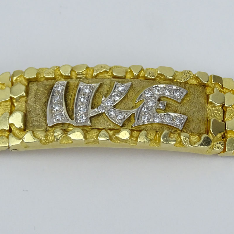 Vintage Diamond and Heavy 14 Karat Yellow Gold Nugget style ID Bracelet "IKE". 