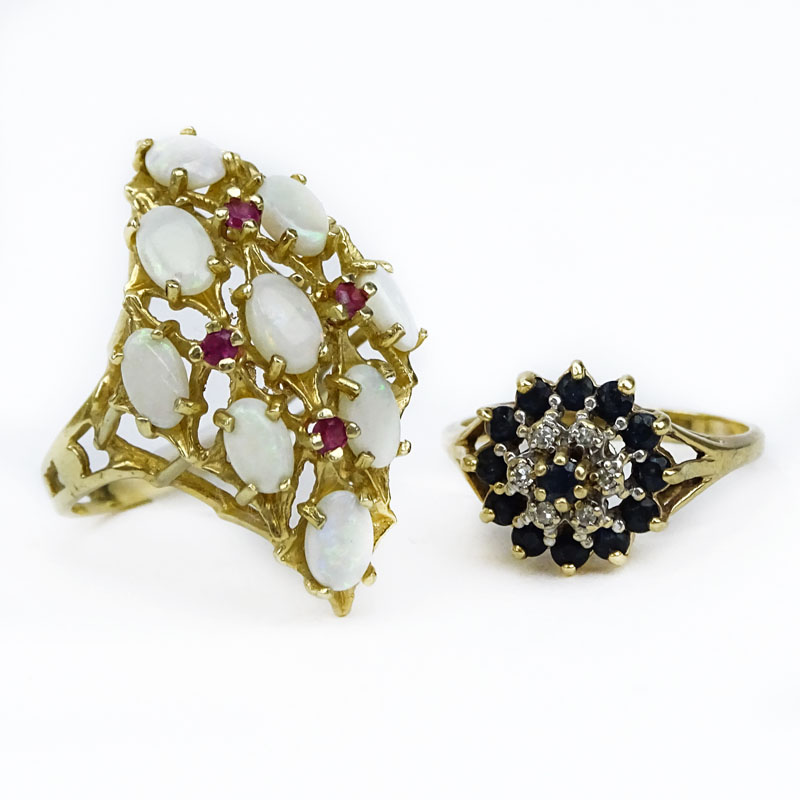 Vintage Oval Cabochon Opal, Ruby and 14 Karat Yellow Gold Cluster Ring together with Vintage Sapphire, Diamond and 14 Karat Yellow Gold Cluster Ring. 