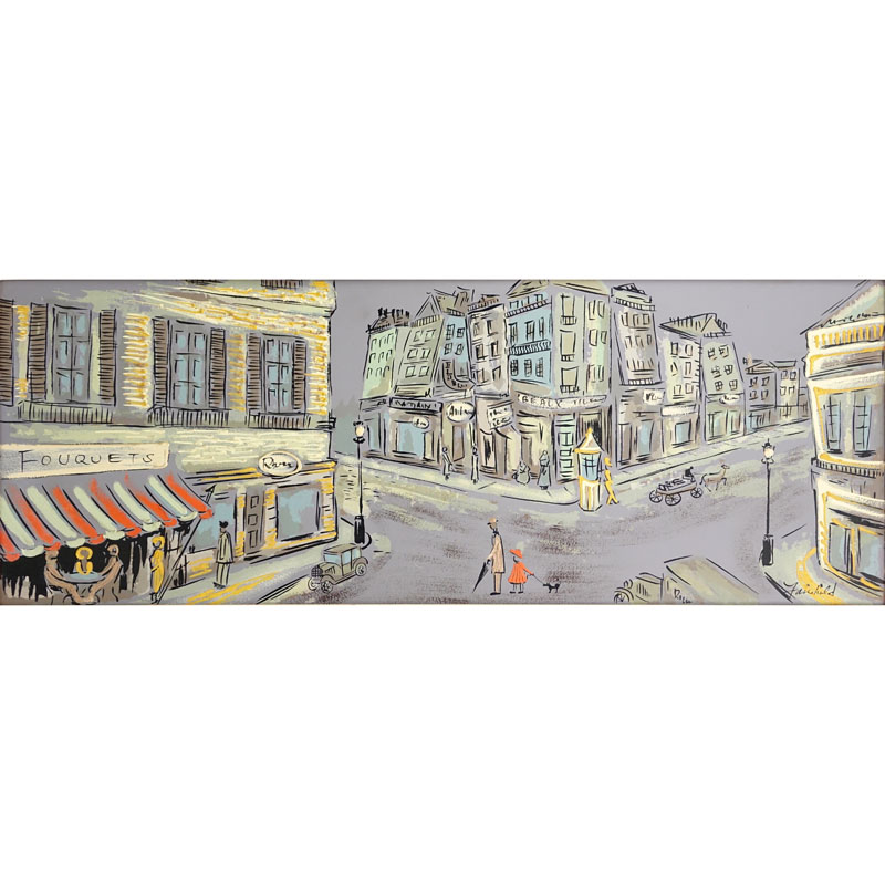 Mid Century French Street Scene Painting on Cardboard Signed Fairfield