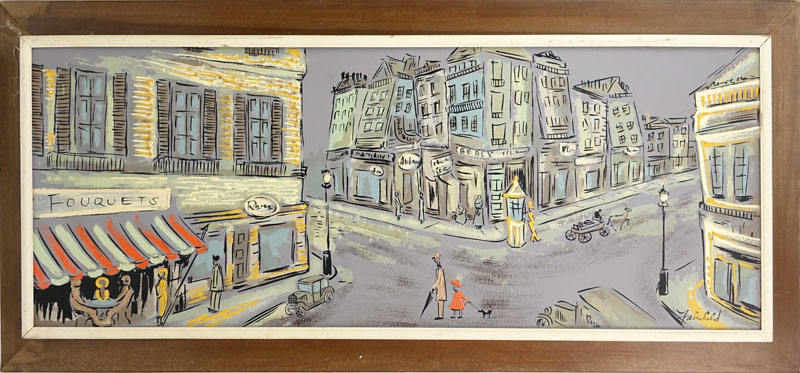 Mid Century French Street Scene Painting on Cardboard Signed Fairfield